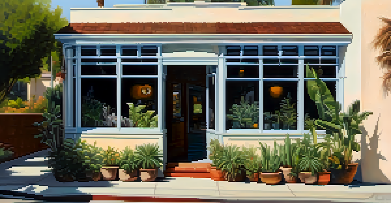 A hidden art gallery in Los Angeles with local artwork and lush plants, bathed in soft afternoon light.