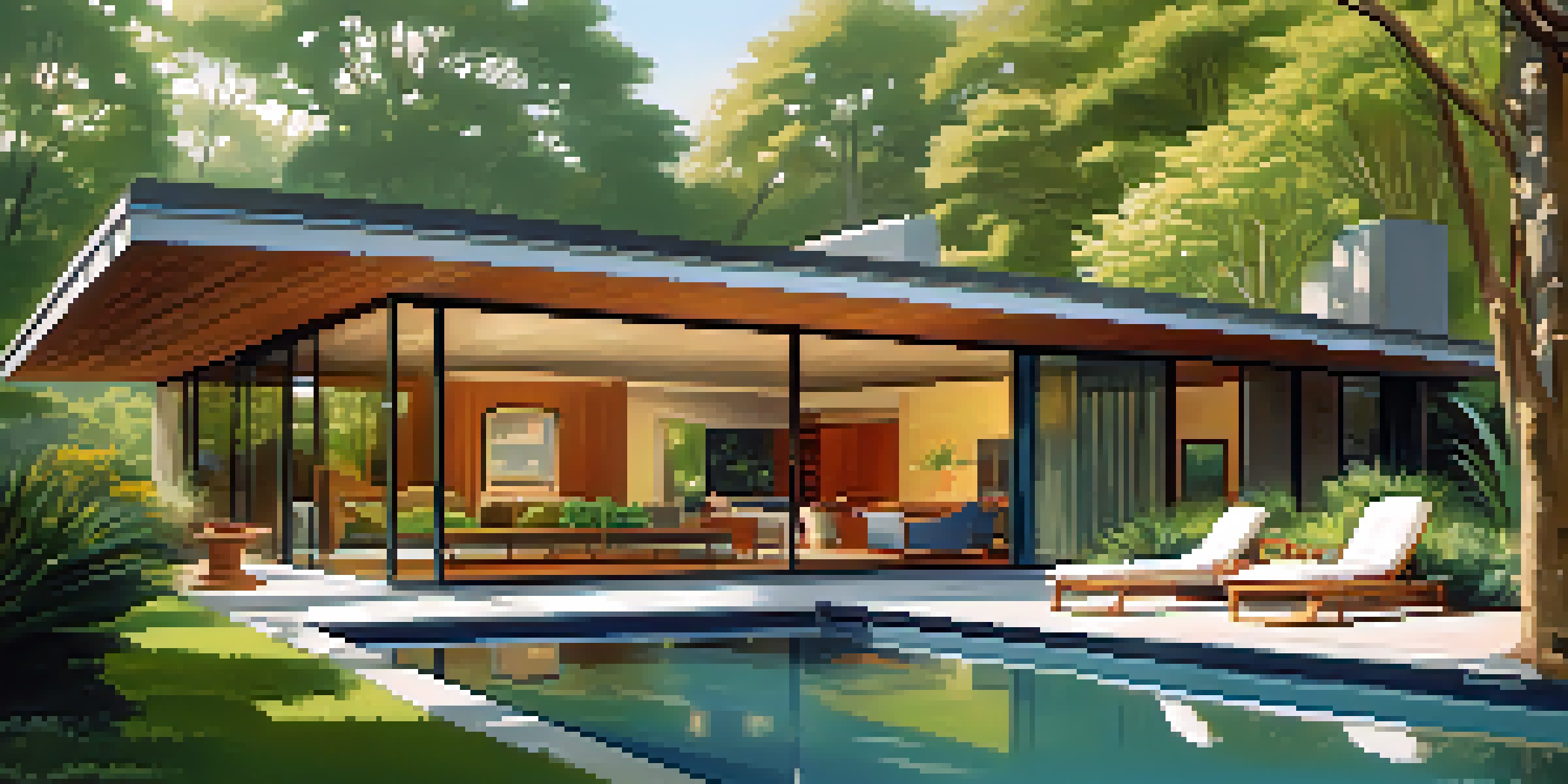 A mid-century modern house with large windows and a pool, surrounded by green plants and trees, under bright sunlight.