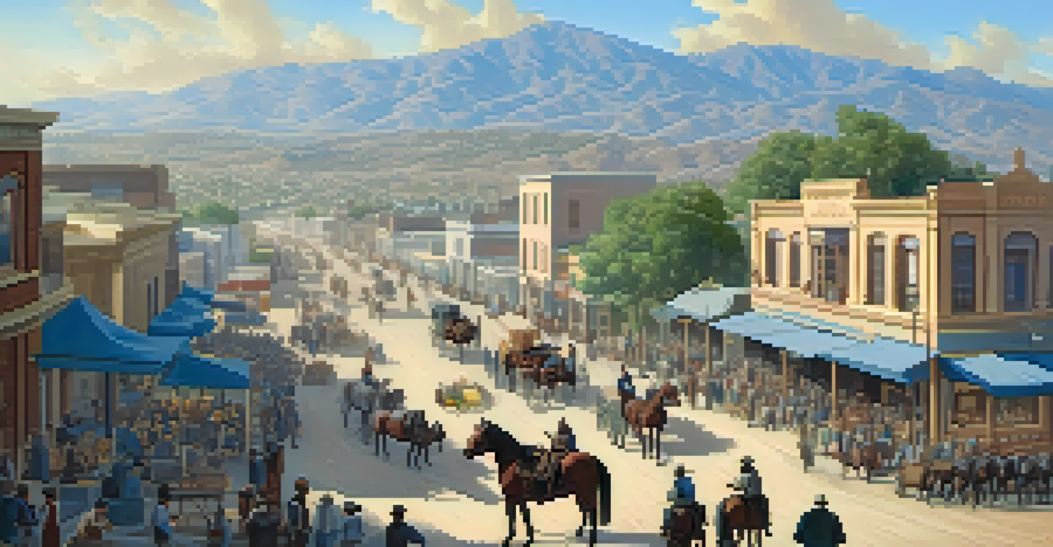 An aerial view of Los Angeles during the Gold Rush era, showcasing a busy marketplace and new buildings.