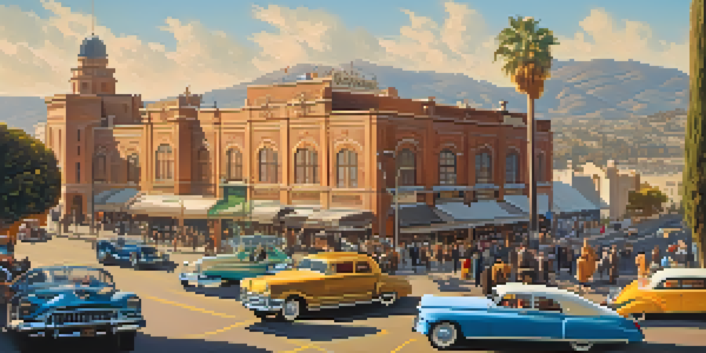 A panoramic view of early 20th century Hollywood with vintage film studios and people in period attire.