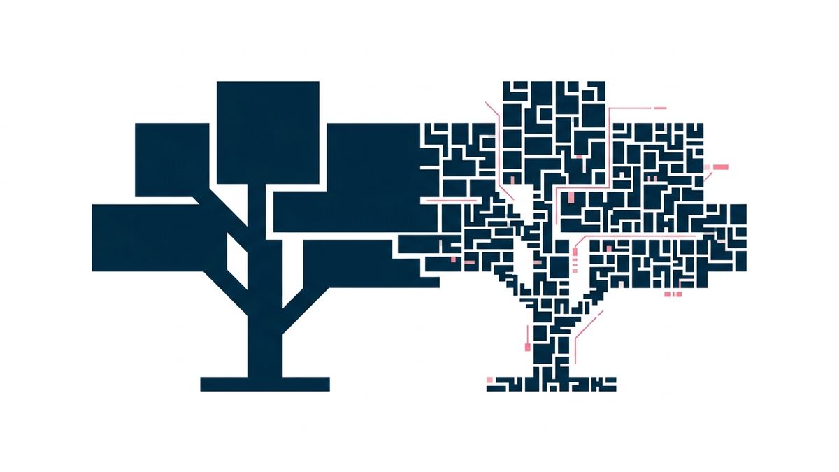 Abstract illustration of one structure at two zoom levels, a few large blocks resolving into many small ones