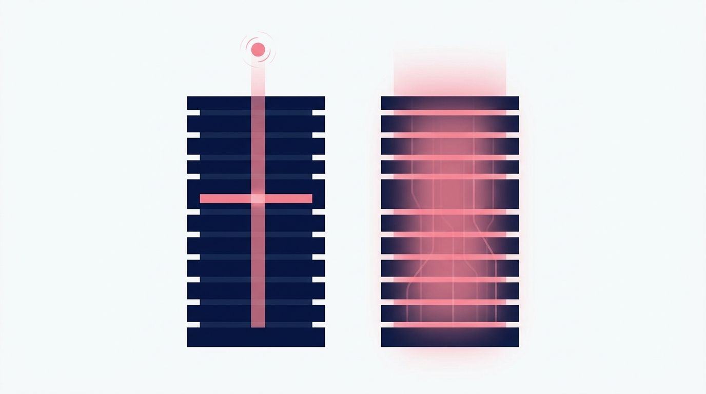 Abstract illustration of a narrow beam passing through a stack of data columns beside the same stack fully lit