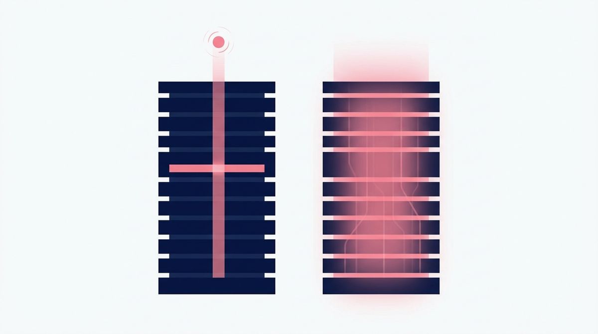 Abstract illustration of a narrow beam passing through a stack of data columns beside the same stack fully lit