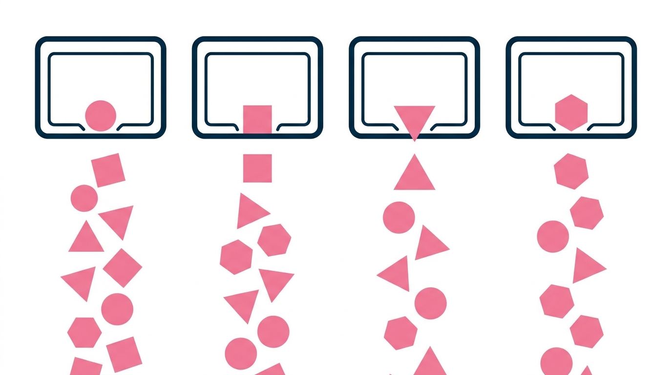 Abstract illustration of labelled trays catching shapes that fall into categories defined in advance