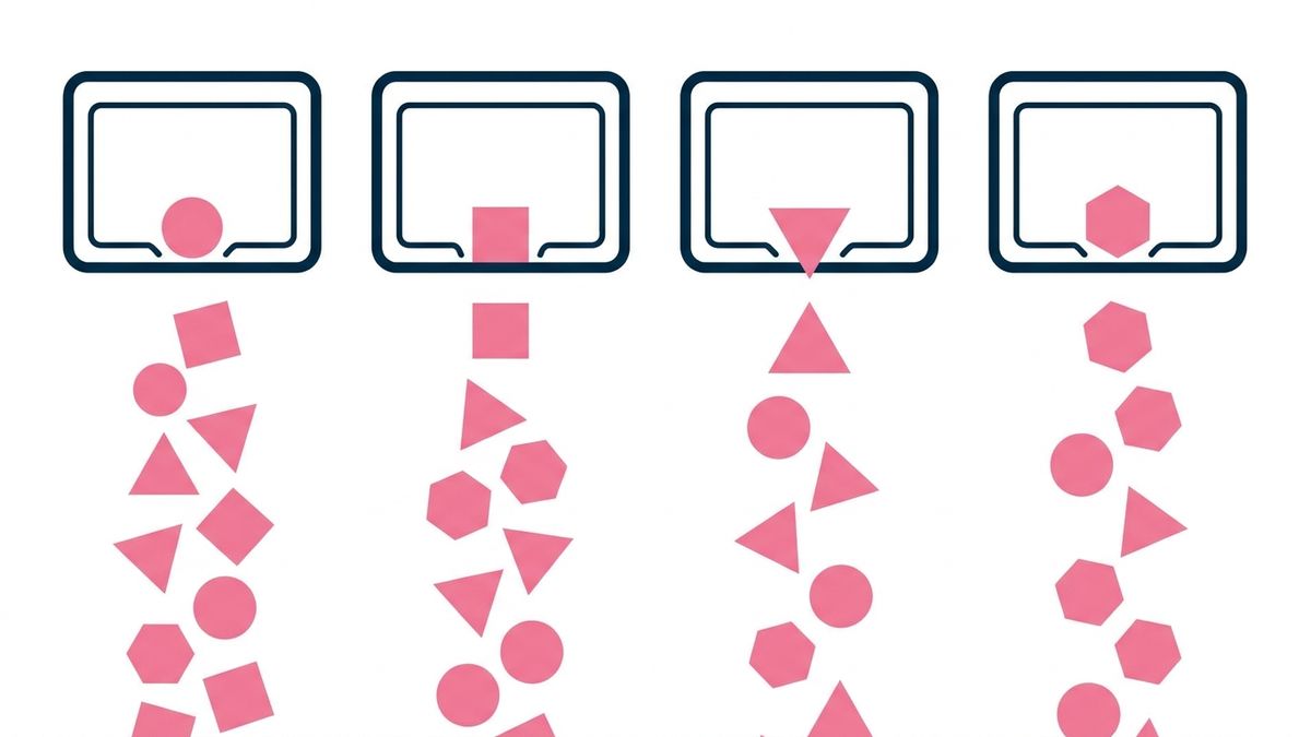 Abstract illustration of labelled trays catching shapes that fall into categories defined in advance