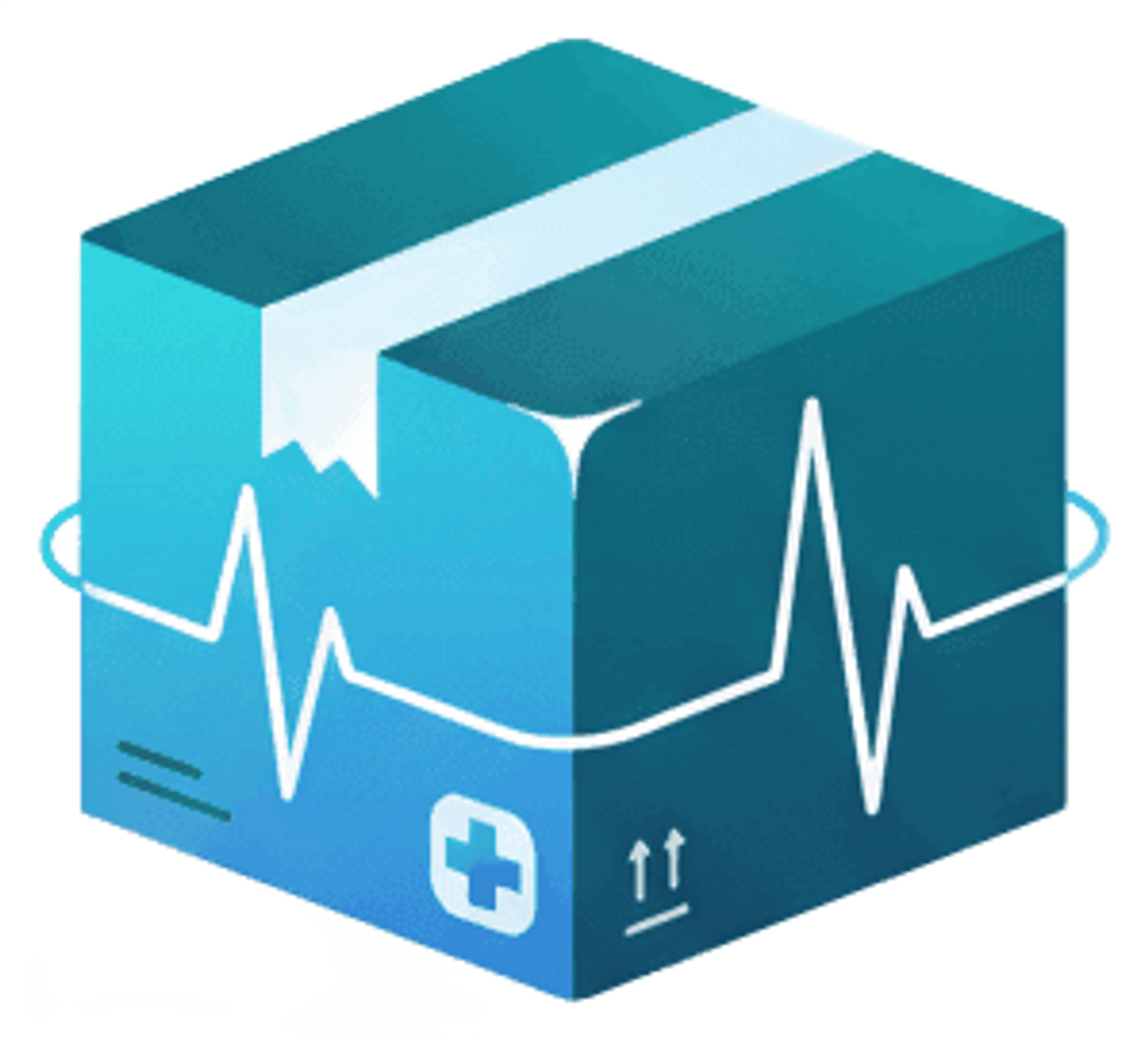 Sleek vector illustration of a delivery box with a medical heartbeat line or pulse wave integrated into the design. Use gradient colors from deep teal (#285360) to cerulean (#32B4DB). The box should appear secure and discreet with rounded corners. Include subtle shipping elements like directional arrows and a medical cross symbol. Add a heartbeat\\/ECG line that wraps around or emanates from the box, symbolizing ongoing care. Modern, professional design with smooth gradients and clean geometric shapes.