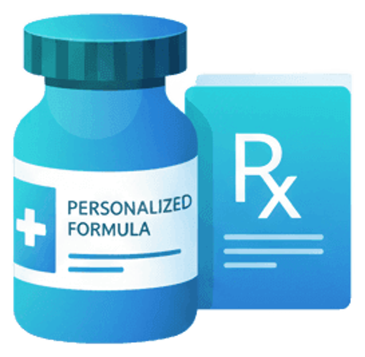 Modern vector illustration of a prescription bottle with custom formula label, combined with a prescription pad showing an Rx symbol. Use gradient colors transitioning from deep teal (#285360) to bright cerulean (#32B4DB). The bottle should have clean, rounded edges and a slight 3D effect with gradient shading. Include medical cross or shield icons subtly integrated. The design should convey personalized, professional medical treatment with smooth gradients and minimalist healthcare iconography.