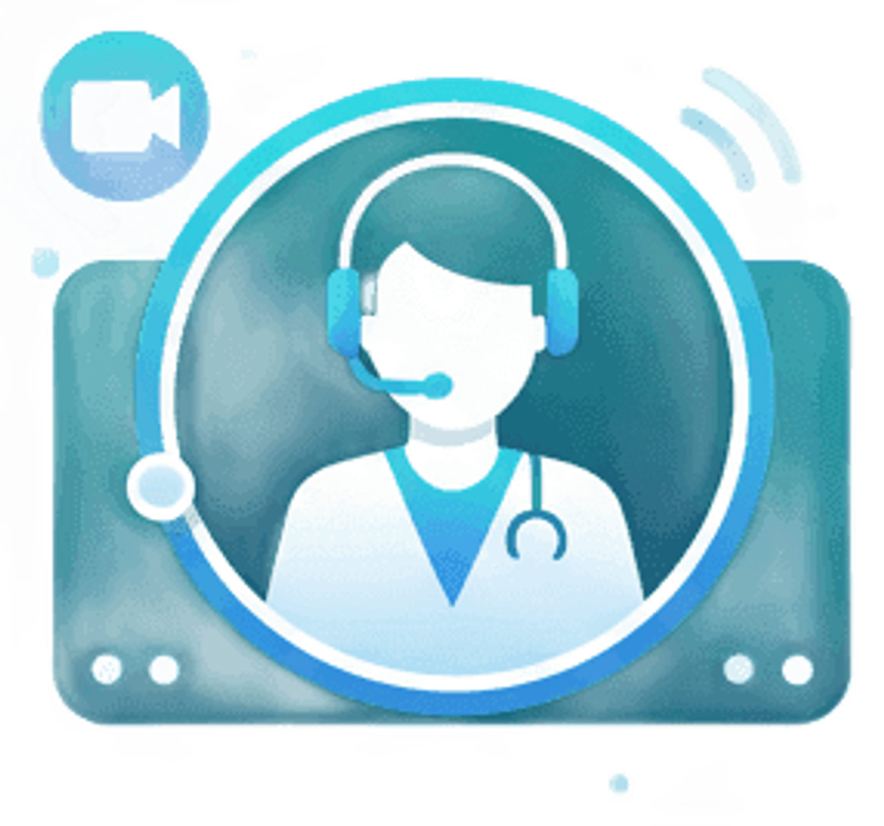 Clean vector illustration of a video call interface showing a professional headset and medical professional silhouette in a circular frame. Use gradient colors from deep teal (#285360) to cerulean (#32B4DB). Include subtle elements like a video camera icon and signal waves. The design should be modern and minimalist, conveying telehealth consultation. Add soft glow effects and rounded geometric shapes that suggest connectivity and professional healthcare communication.