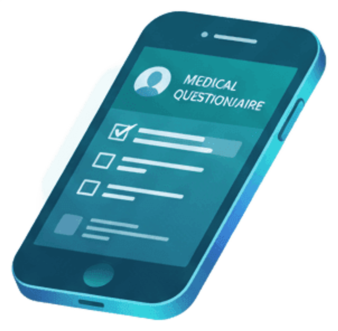 Modern minimalist vector icon of a laptop or smartphone displaying a medical questionnaire form on the screen. The device should be shown at a slight angle with clean lines and rounded corners. Use a gradient from deep teal (#285360) to bright cerulean (#32B4DB) for the device frame. The screen shows simplified form fields and checkboxes in a lighter teal. Add subtle highlights and depth with gradient accents. Professional, clean design that represents digital healthcare assessment.