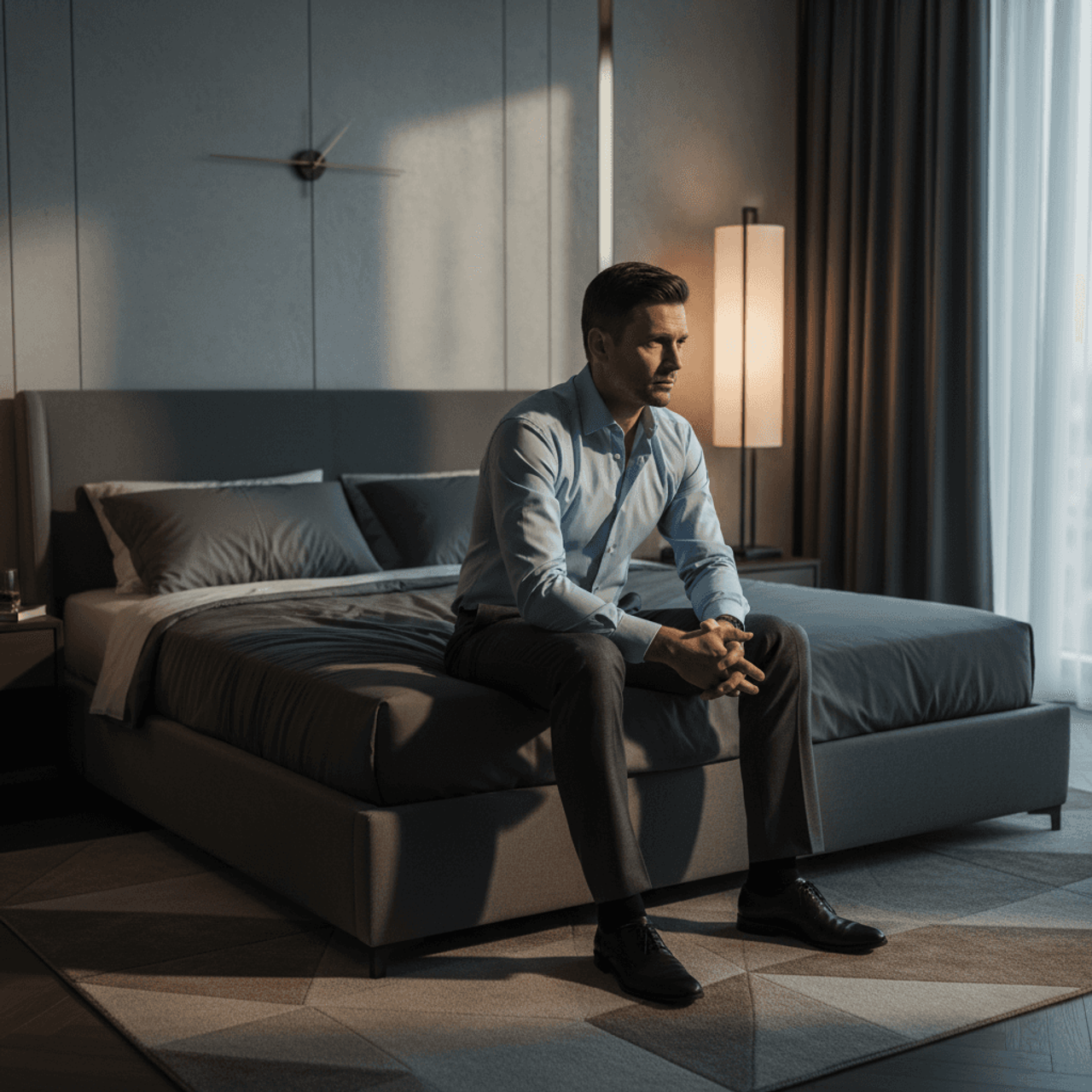 A stylishly dressed man, mid-thirties, sitting on the edge of a bed, looking down and away from the camera with a stressed, preoccupied expression, symbolizing diminished sexual drive and performance issues.