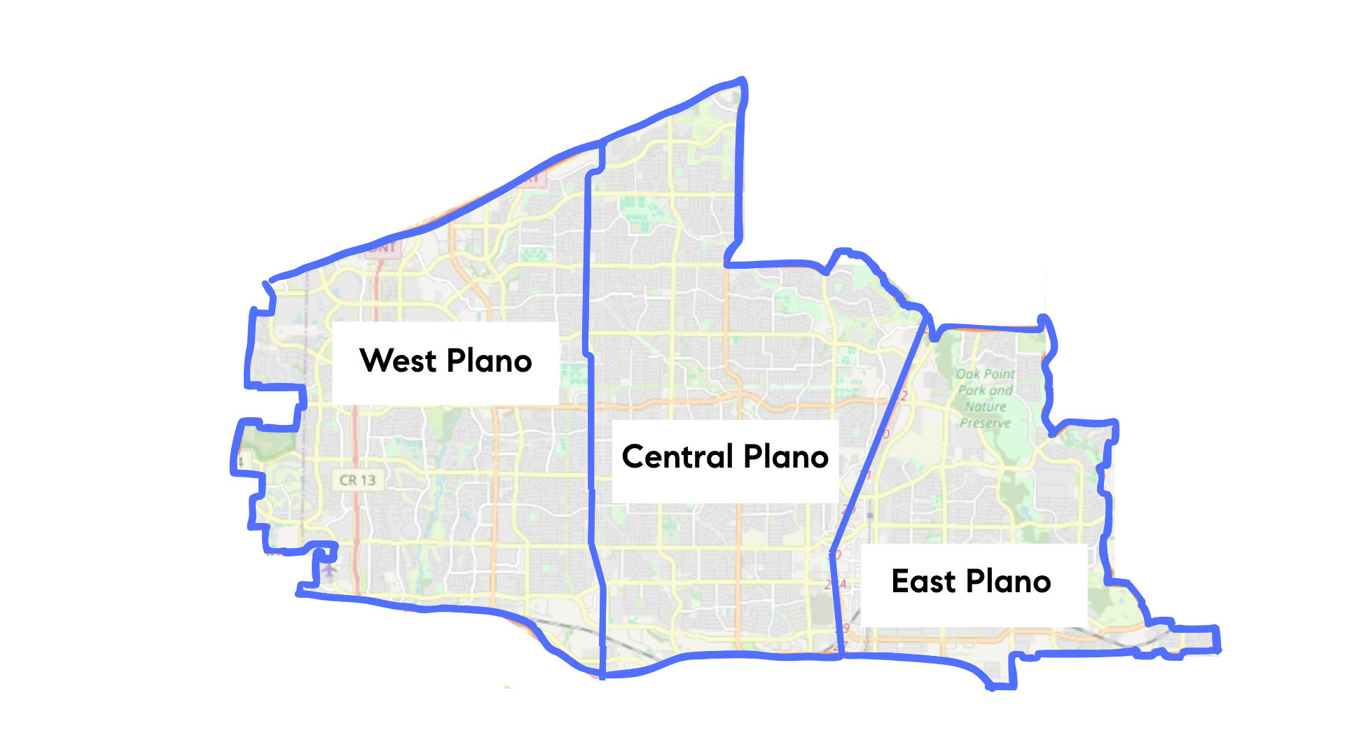 Map — Plano real estate market regions (West / Central / East)