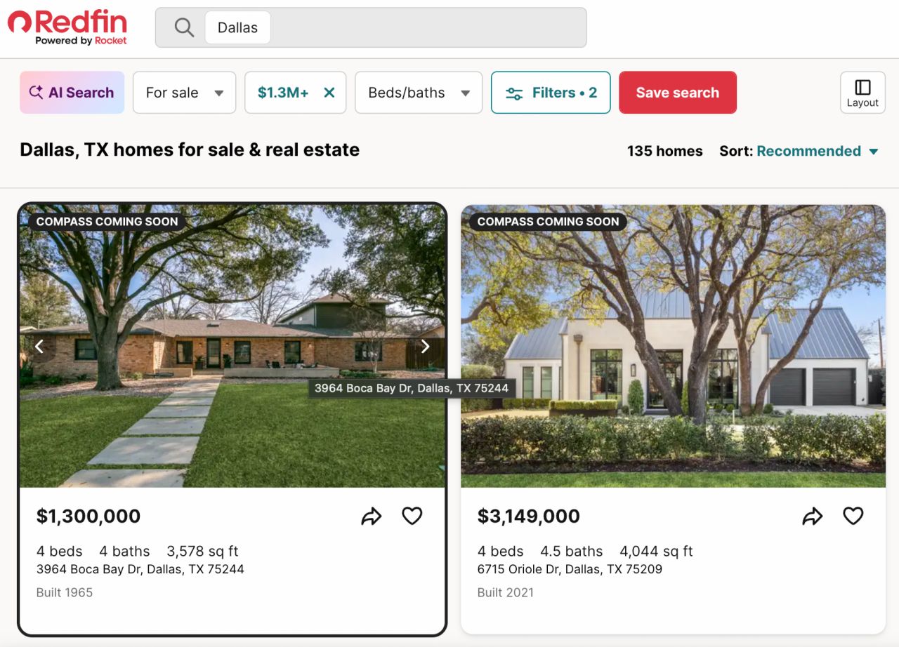 Compass Coming Soon listings displayed on Redfin