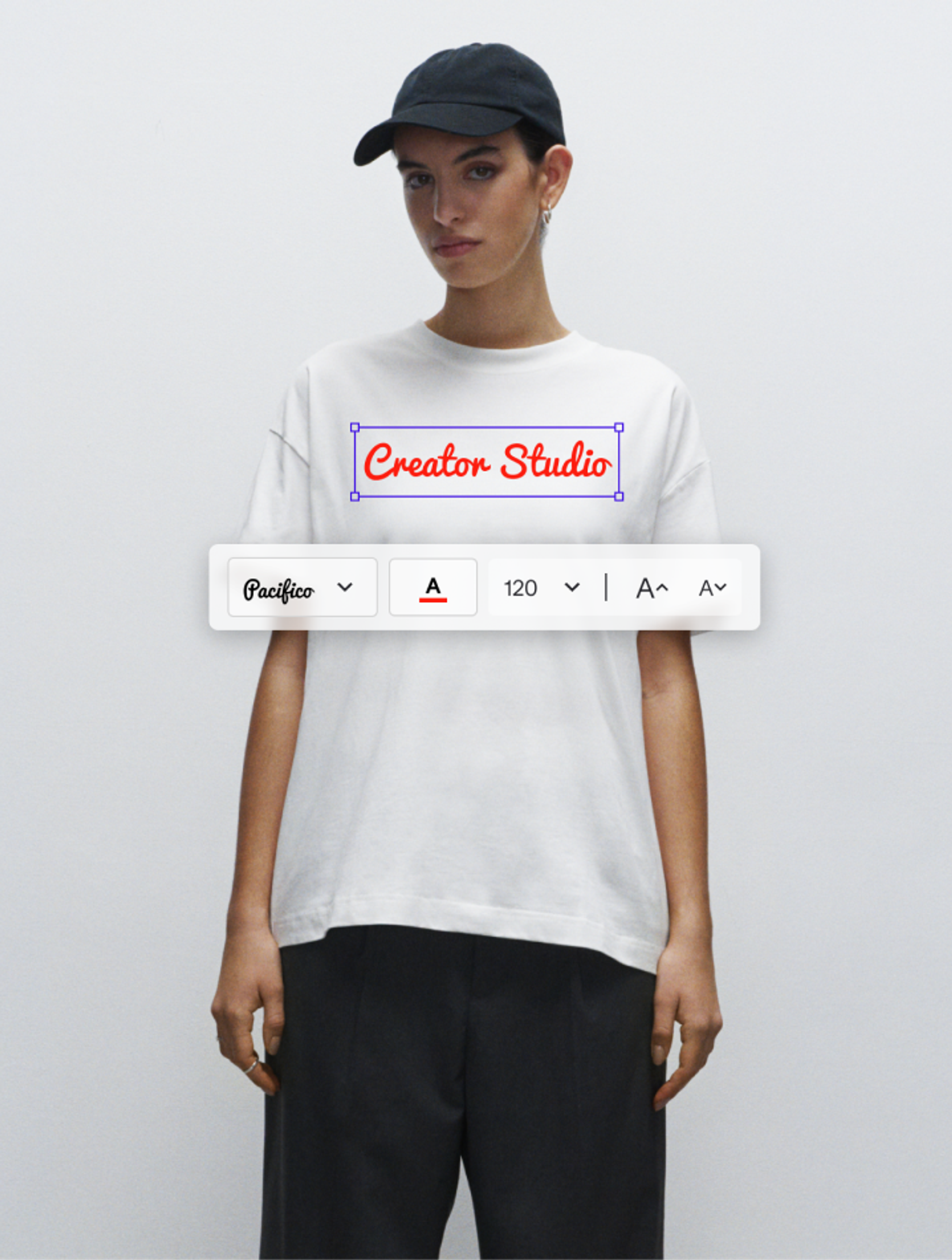 A female model wearing a white tee showcasing text editor feature
