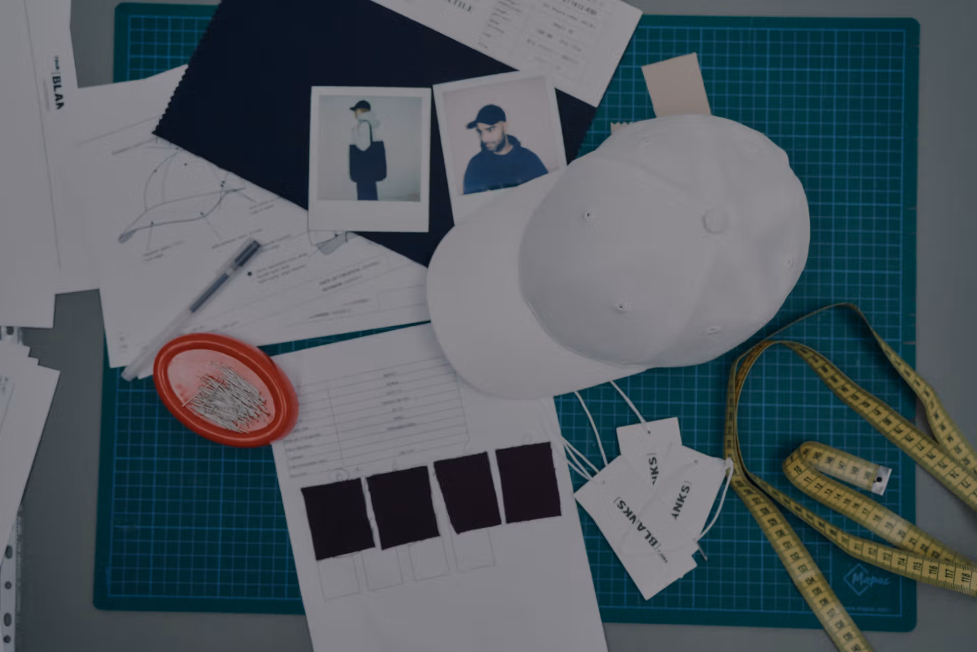 sketches and lab dips, together with a twill baseball caps and polaroids from fitting