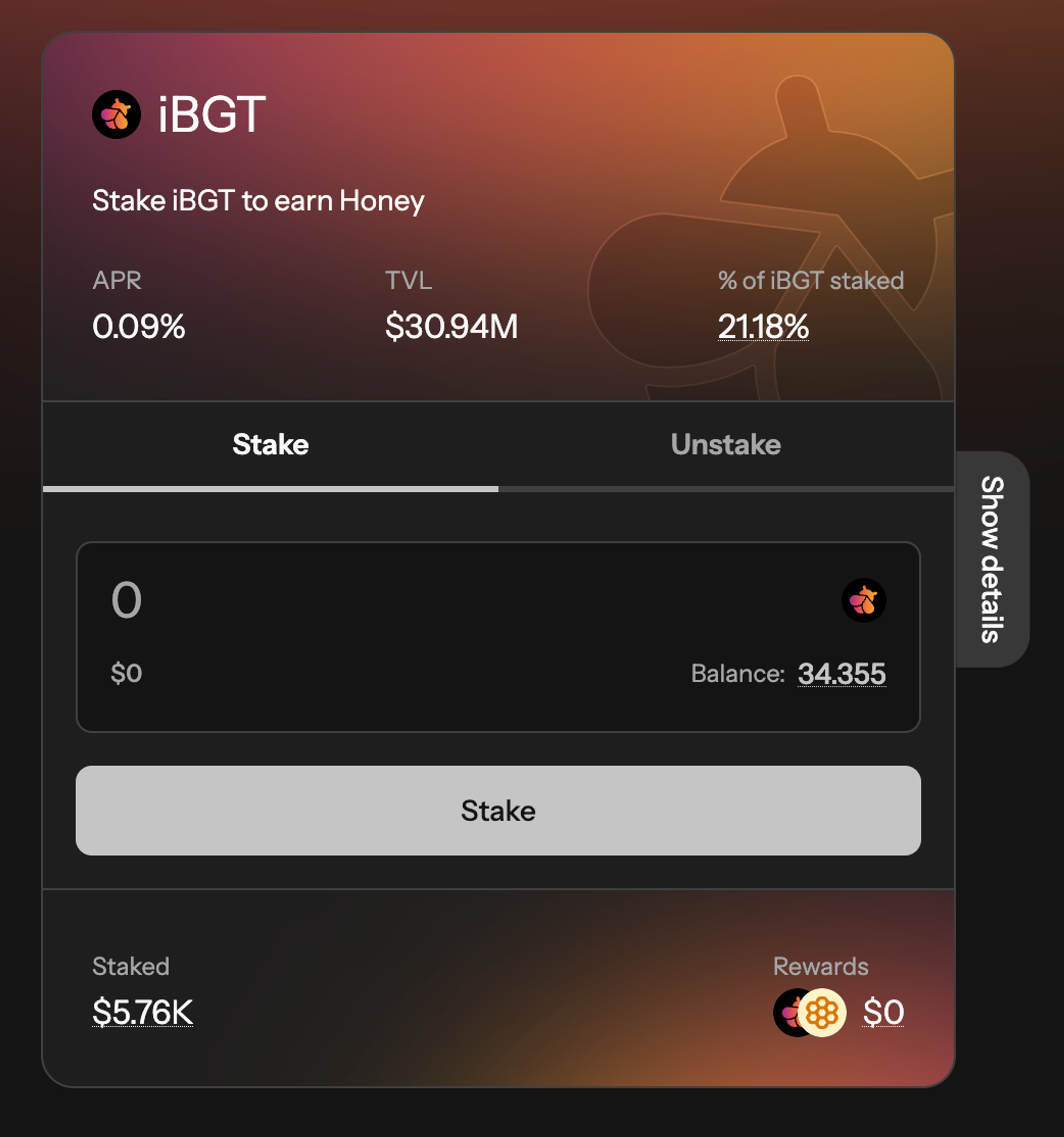 iBGT staking page on Infrared dapp