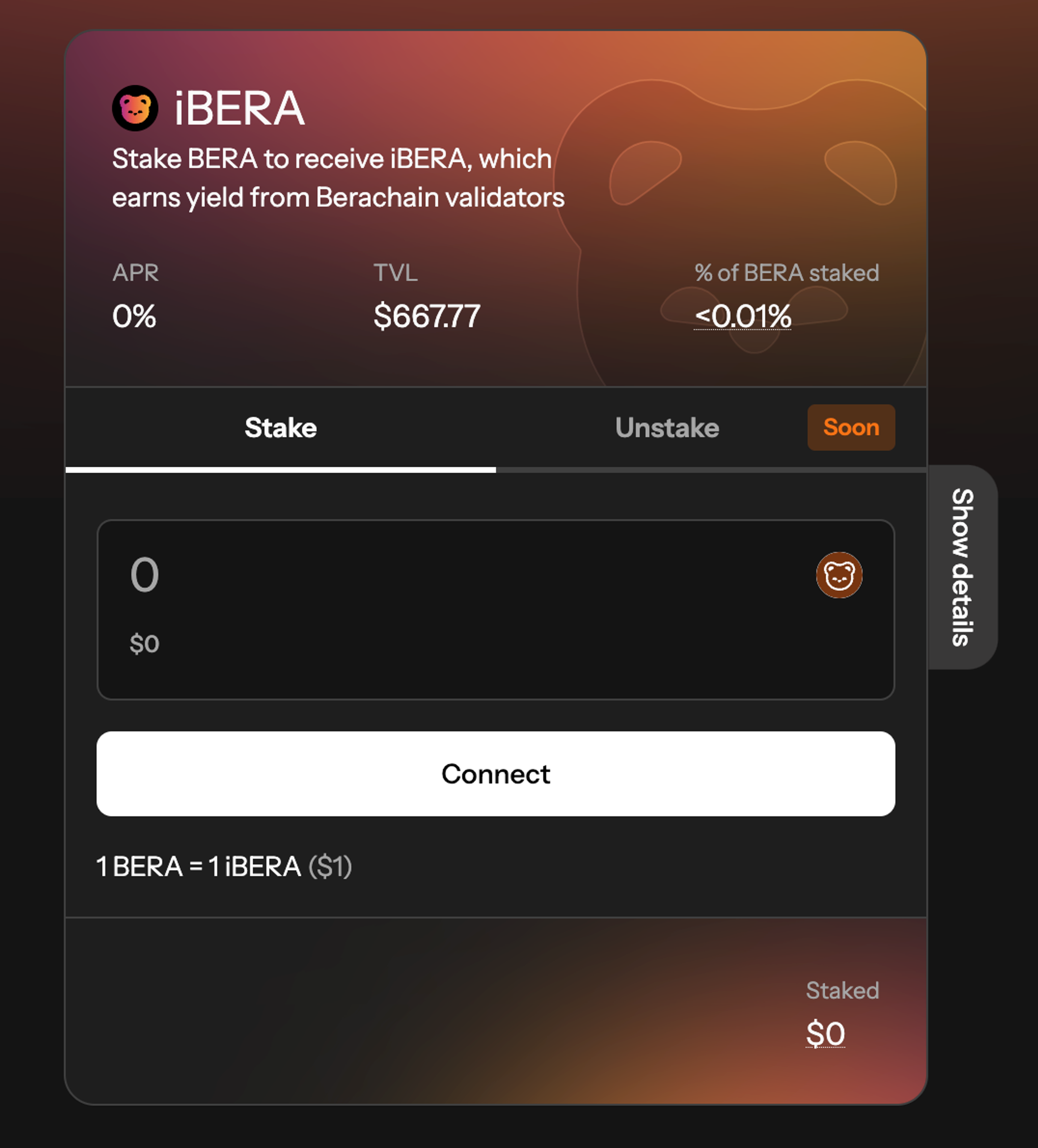 iBERA staking page on Infrared dapp