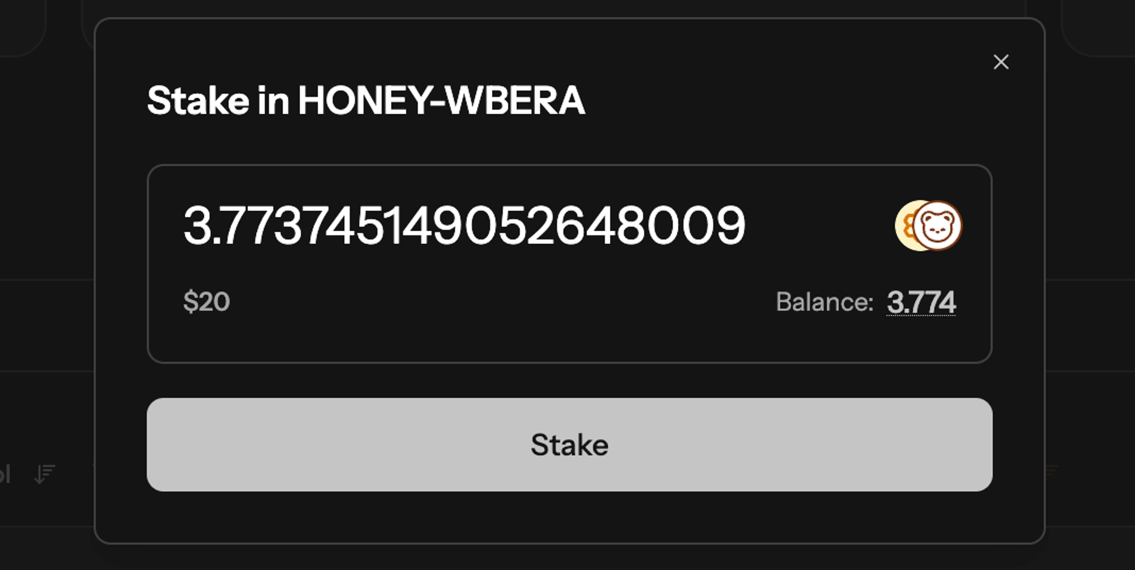 HONEY-WBERA stake modal on Infrared UI