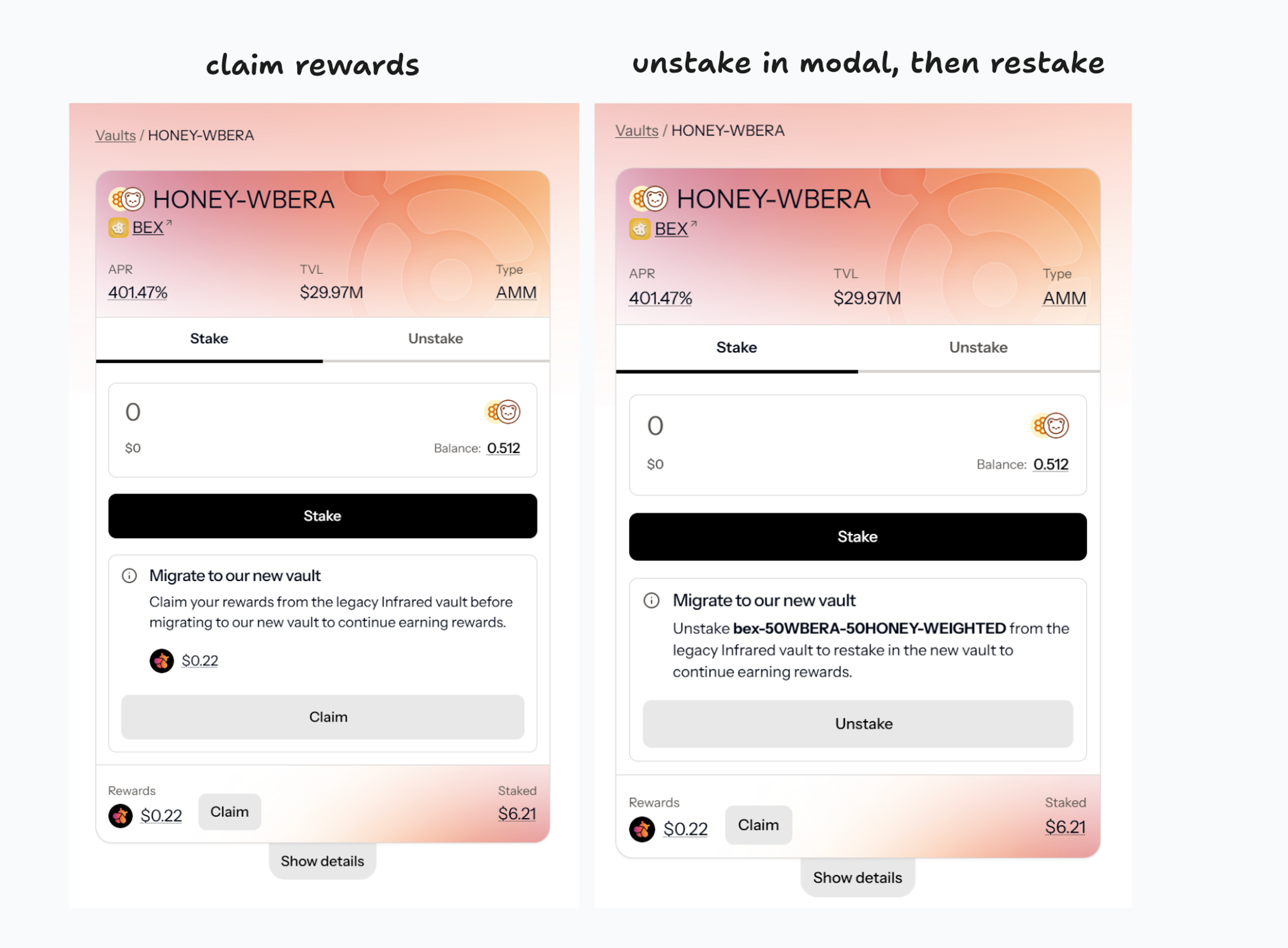 Stake migration process in Infrared dapp