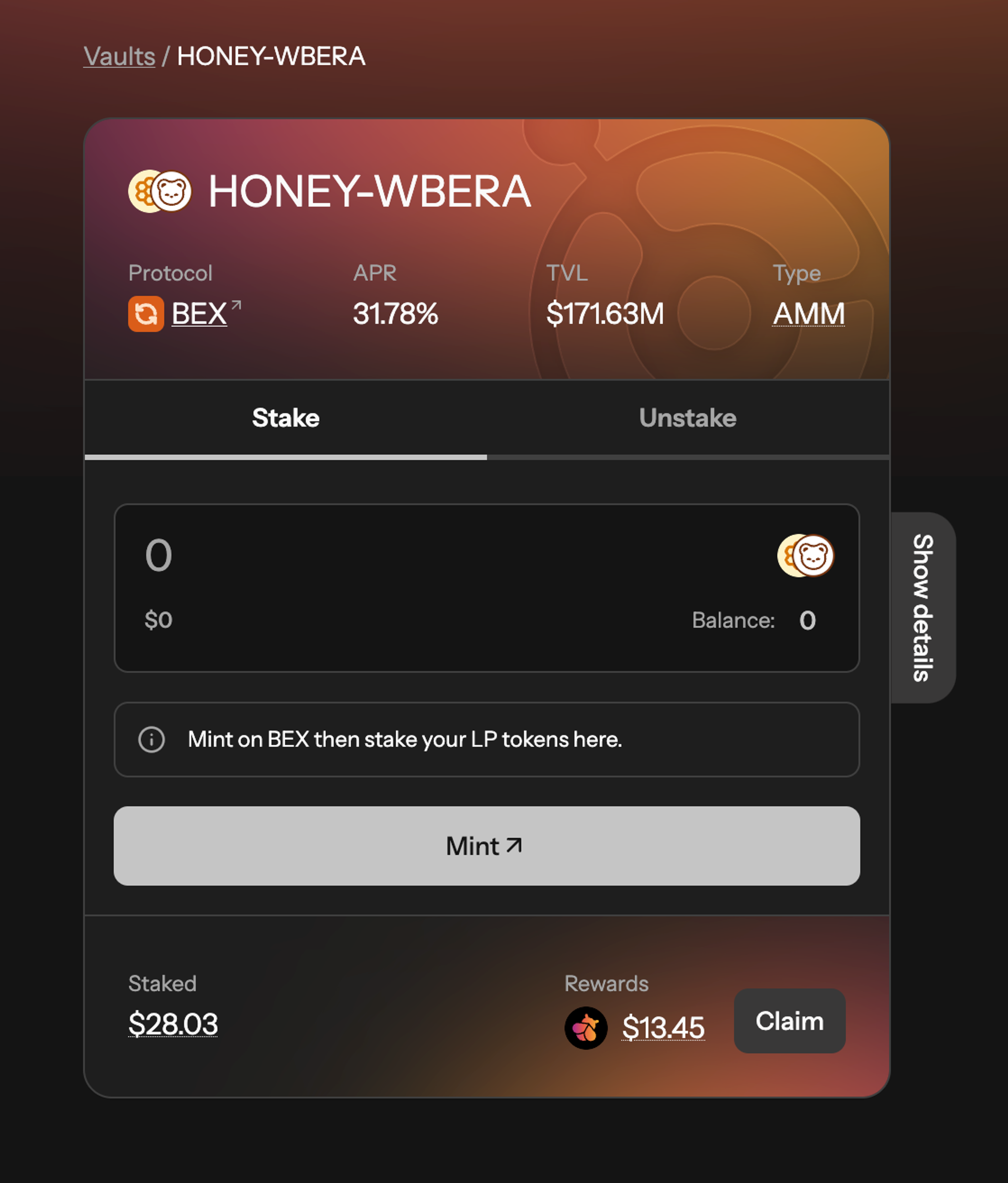 HONEY-WBERA vault UI on Infrared dapp