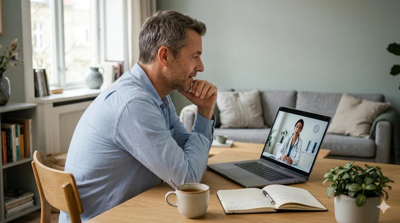 Homme quarantenaire en téléconsultation discutant de sa faiblesse sexuelle avec un médecin