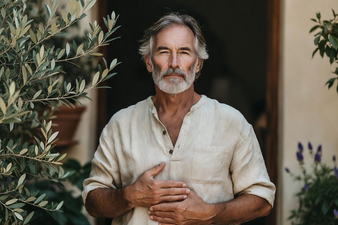 Homme de 65 ans pratiquant un exercice de respiration dans son jardin méditerranéen évoquant la fuite urinaire post-op Homme de 65 ans pratiquant un exercice de respiration dans son jardin méditerranéen évoquant la fuite urinaire post-op