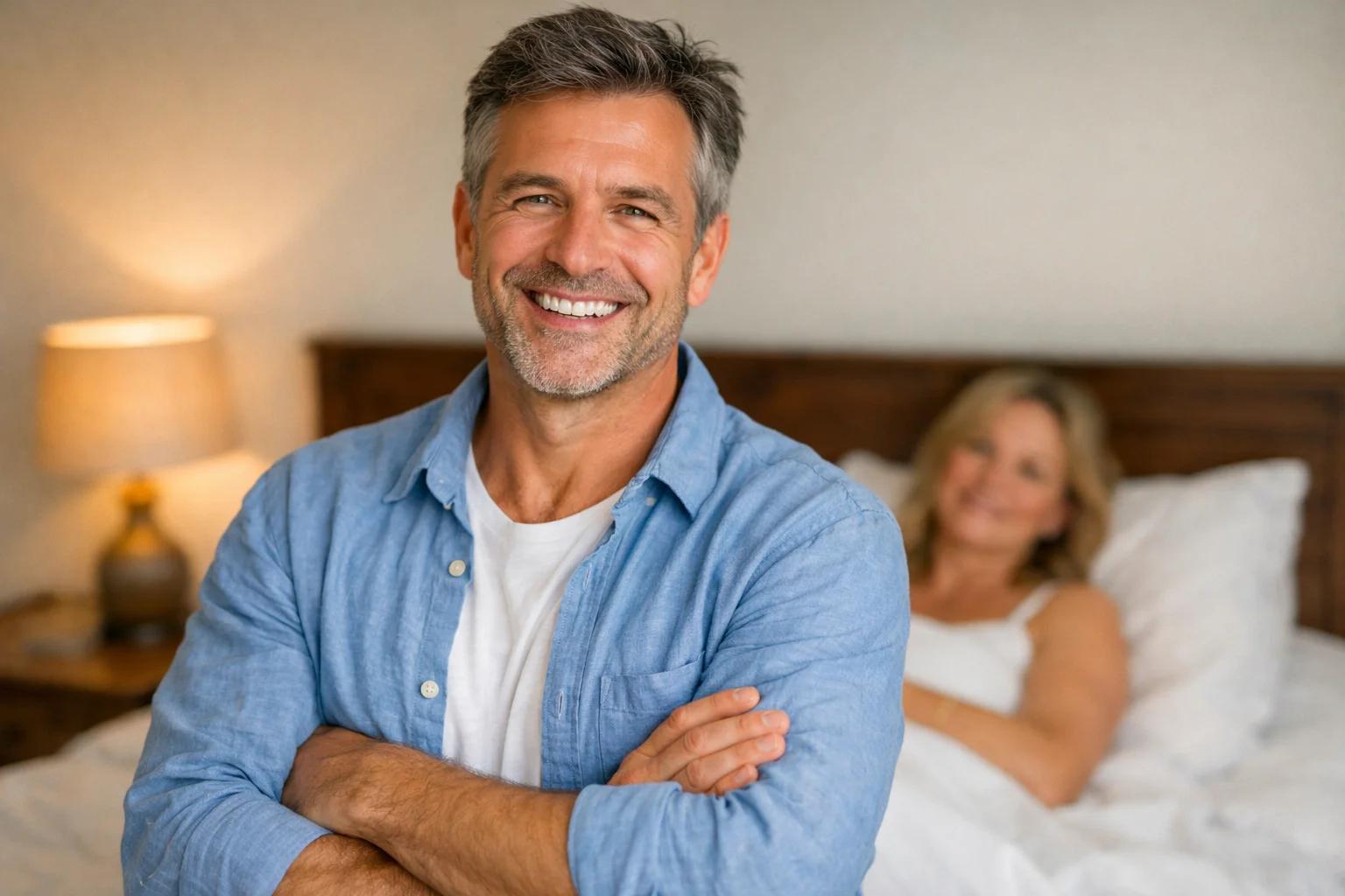 Homme confiant souriant après avoir retrouvé une vie sexuelle épanouie grâce au traitement de l'impuissance