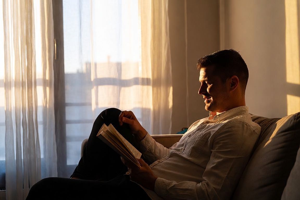 Hombre relajado leyendo en el sofá