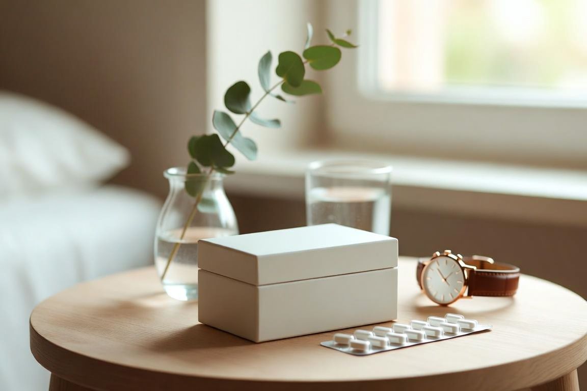 Boîte de comprimés neutre sur une table de chevet Boîte de comprimés neutre sur une table de chevet