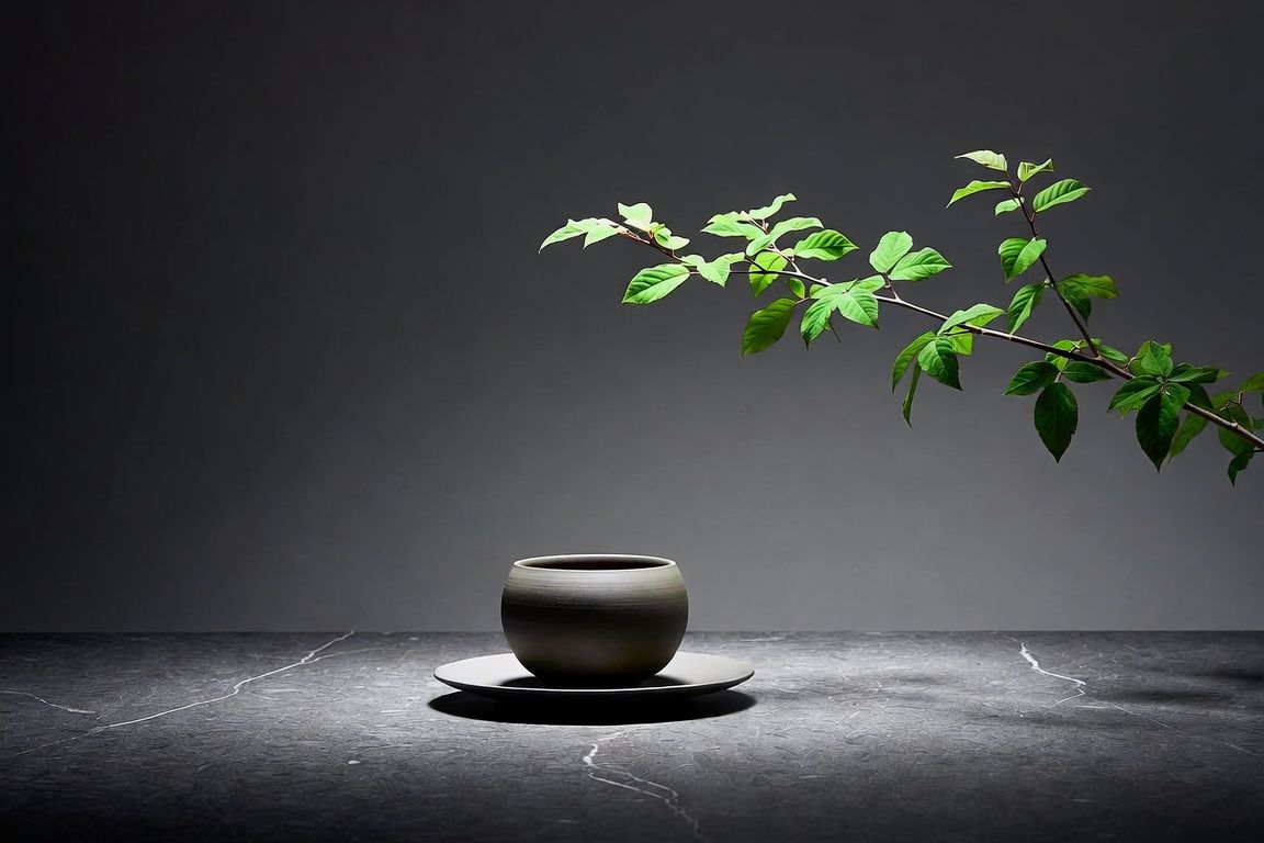 Bol matcha et bonsaï japonais sur pierre brute évoquant la santé masculine sereine et la longévité bien vécue à 70 ans