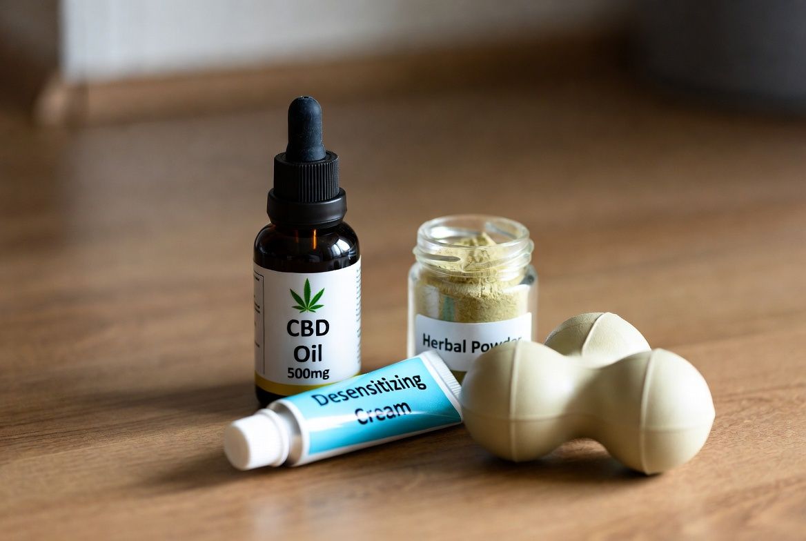 Collection de solutions naturelles contre l'éjaculation précoce incluant huile de CBD, produits désensibilisants et matériel pour exercices de contrôle