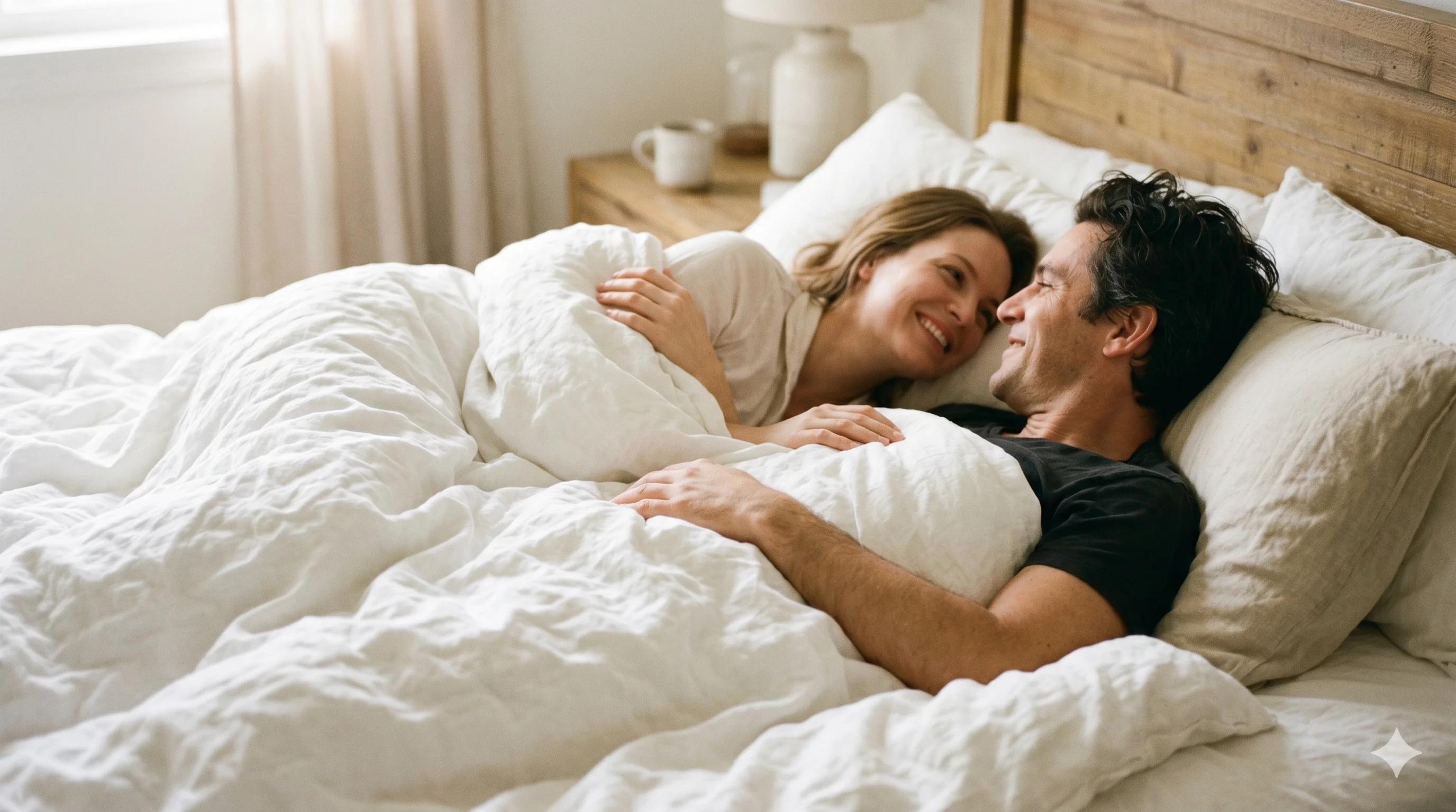 Couple complice dans un lit illustrant la lenteur des préliminaires face à l'éjaculation précoce