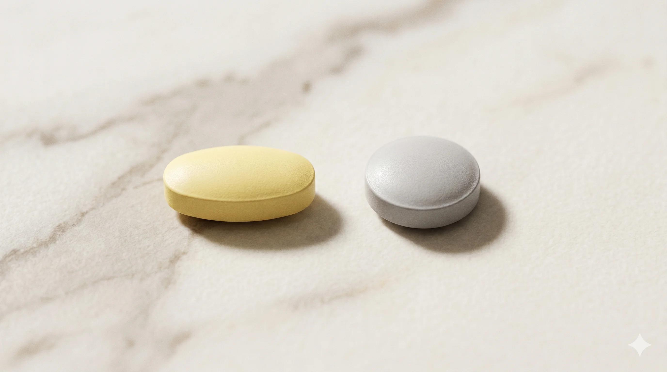 Comprimés de tadalafil et dapoxétine illustrant l'association médicamenteuse pour la santé sexuelle masculine Comprimés de tadalafil et dapoxétine illustrant l'association médicamenteuse pour la santé sexuelle masculine