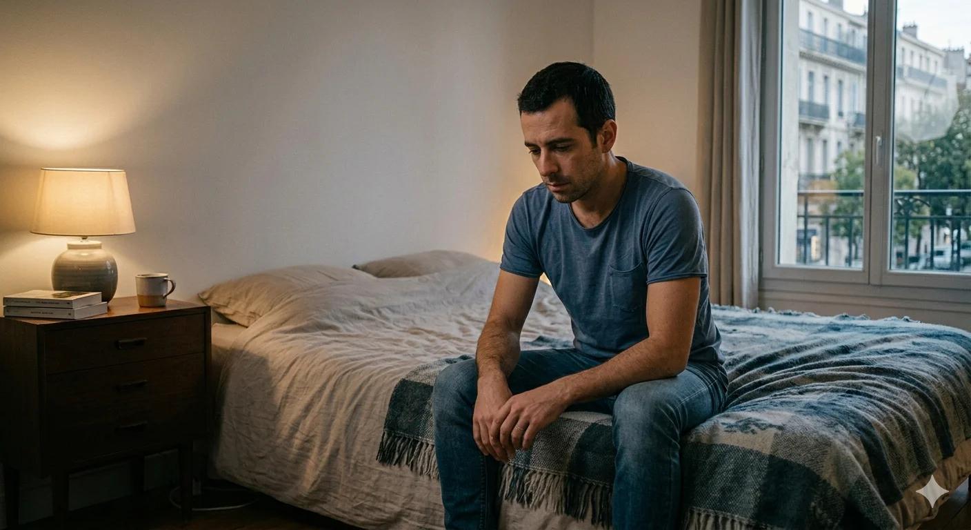 Homme pensif sur son lit