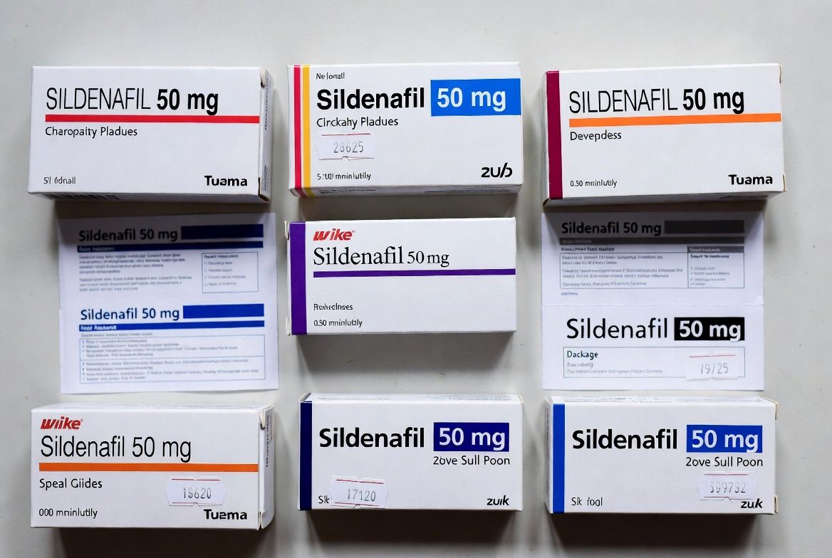 Boîtes de sildénafil 50 mg de différents laboratoires avec notice d'utilisation et tarifs