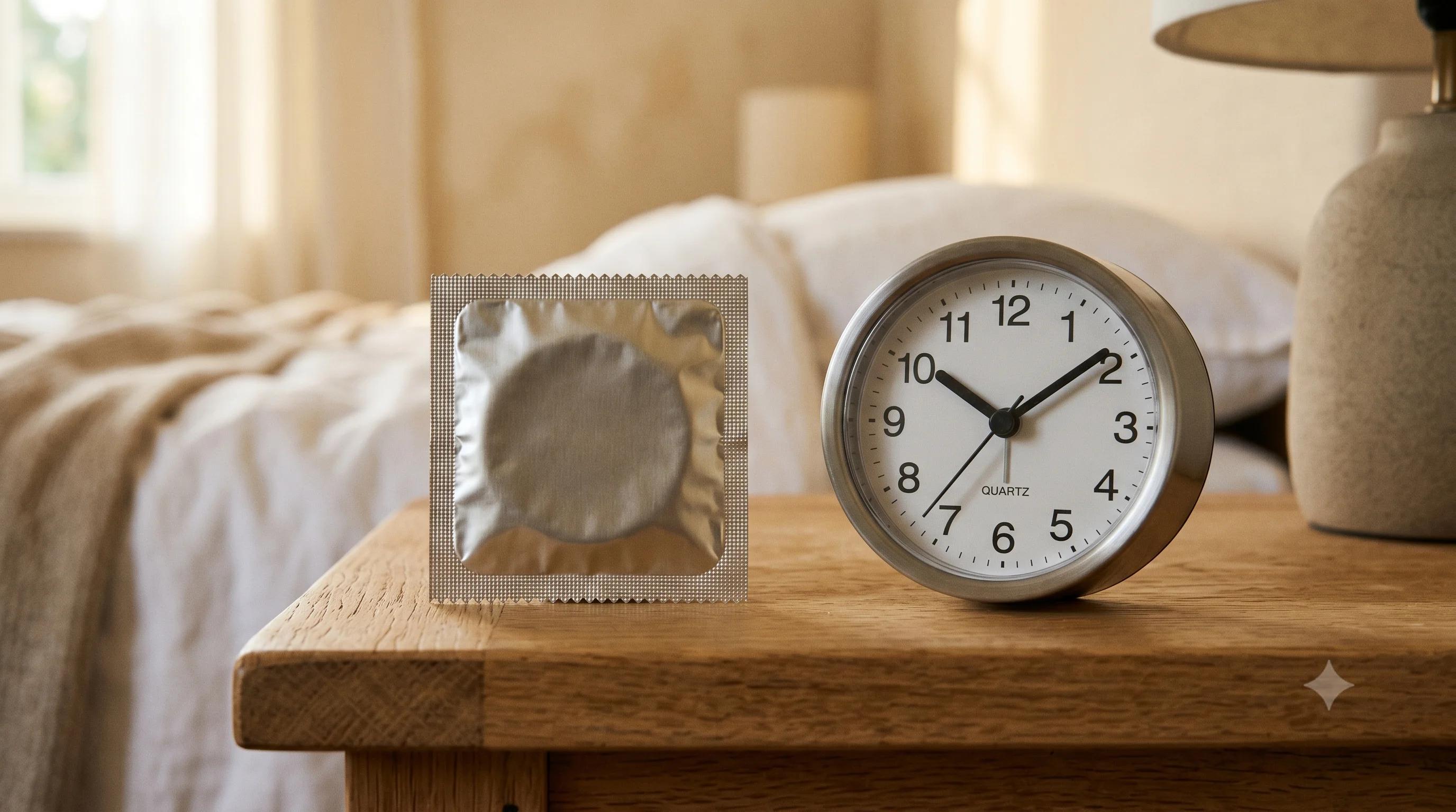 Sachet de préservatif et horloge évoquant le préservatif retardant contre l'éjaculation précoce
