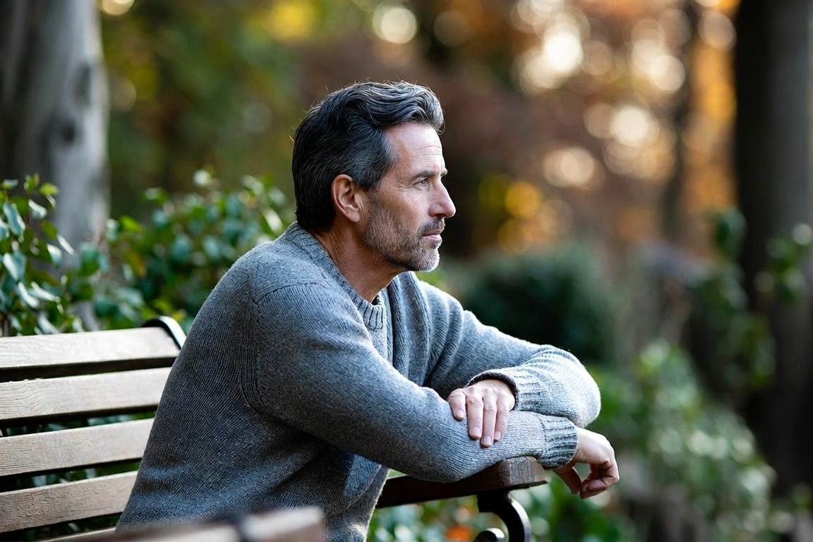 Homme de 55 ans pensif dans un jardin, symbolisant les changements d'humeur liés à l'andropause