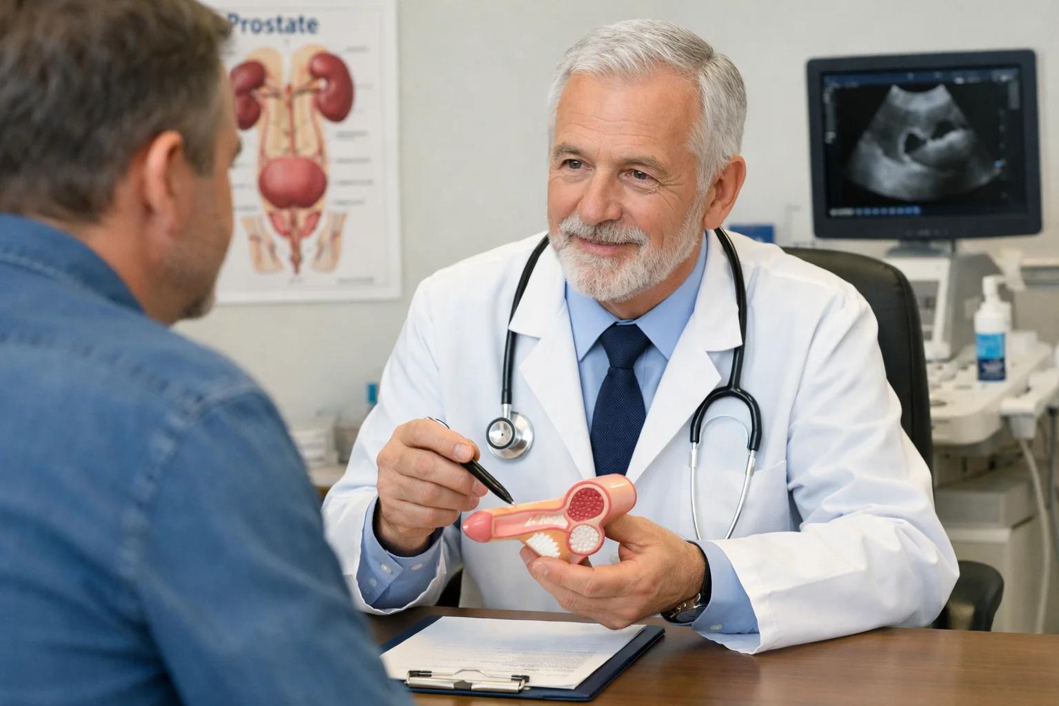 Médecin urologue en consultation avec un patient masculin dans un cabinet médical moderne