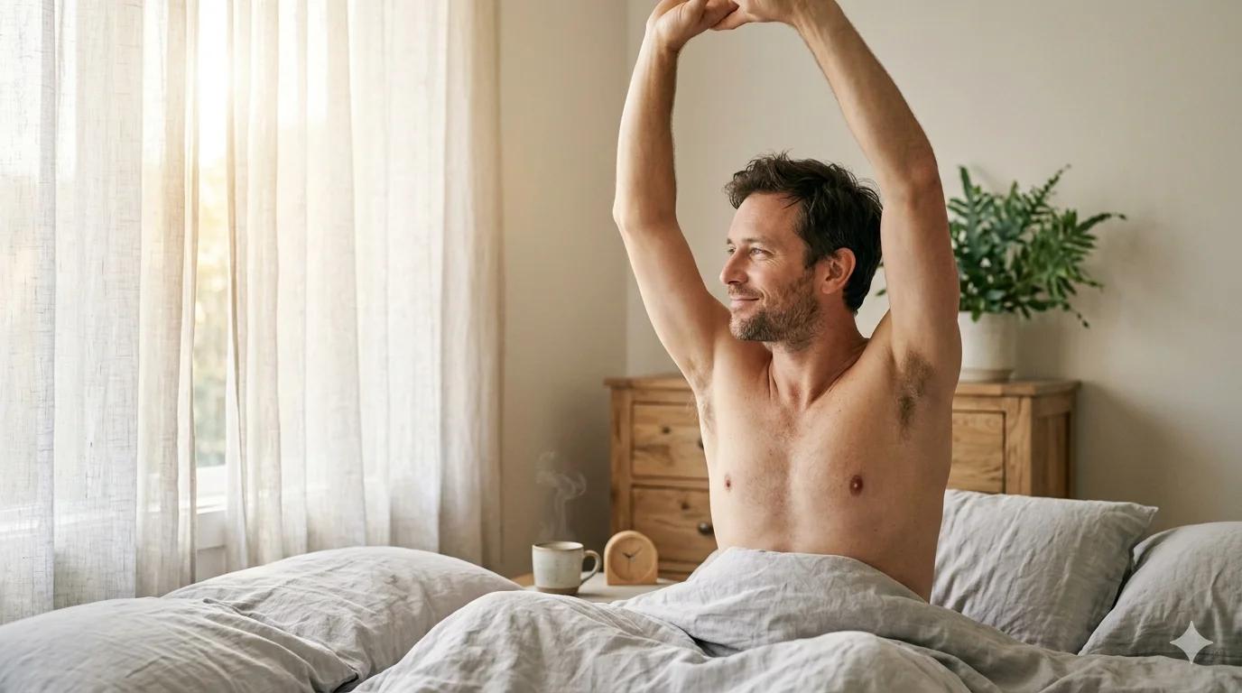 Homme serein au réveil constatant une érection involontaire matinale signe de bonne santé