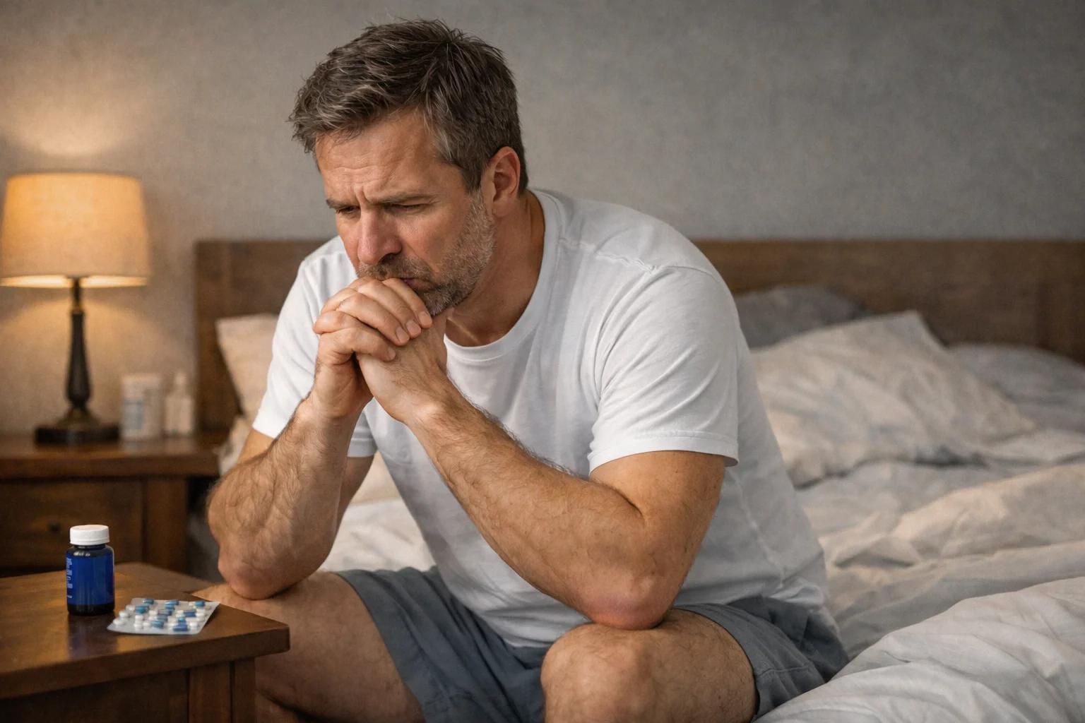 Homme préoccupé assis au bord du lit réfléchissant aux solutions pour ses troubles érectiles