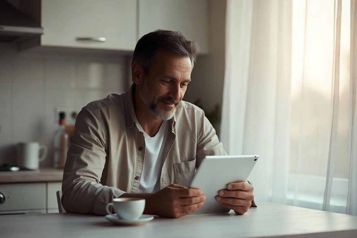 Homme de 50 ans serein, âge de l'andropause et baisse de testostérone Homme de 50 ans serein, âge de l'andropause et baisse de testostérone