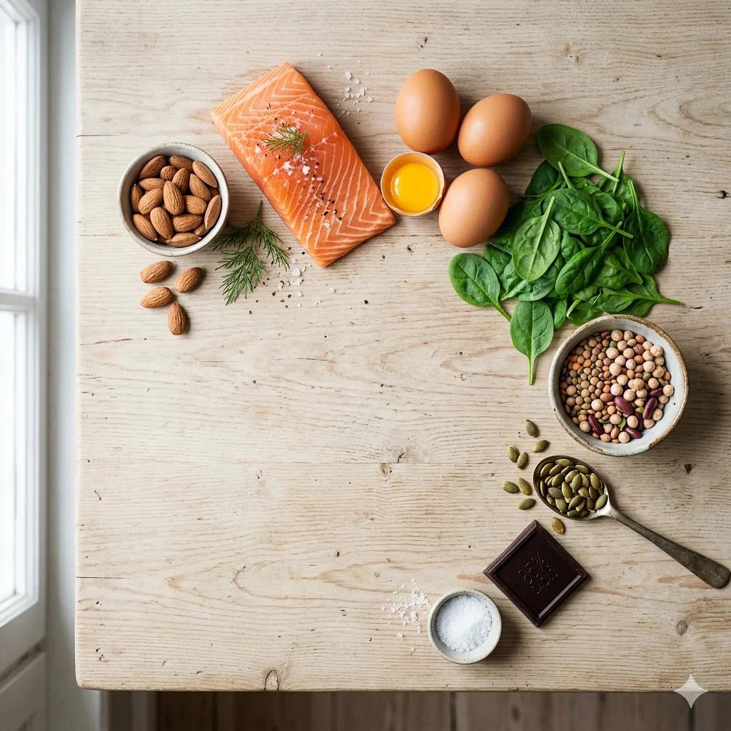 Aliments riches en magnésium, zinc et oméga-3 illustrant le lien entre alimentation et éjaculation précoce