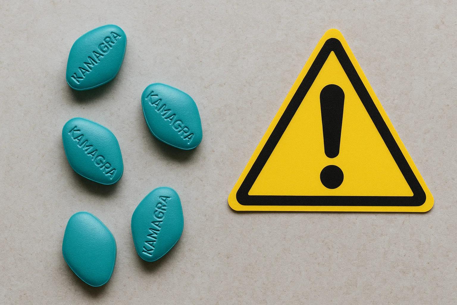 Comprimés de Kamagra avec symbole d'avertissement illustrant les dangers de l'achat en ligne de médicaments non autorisés