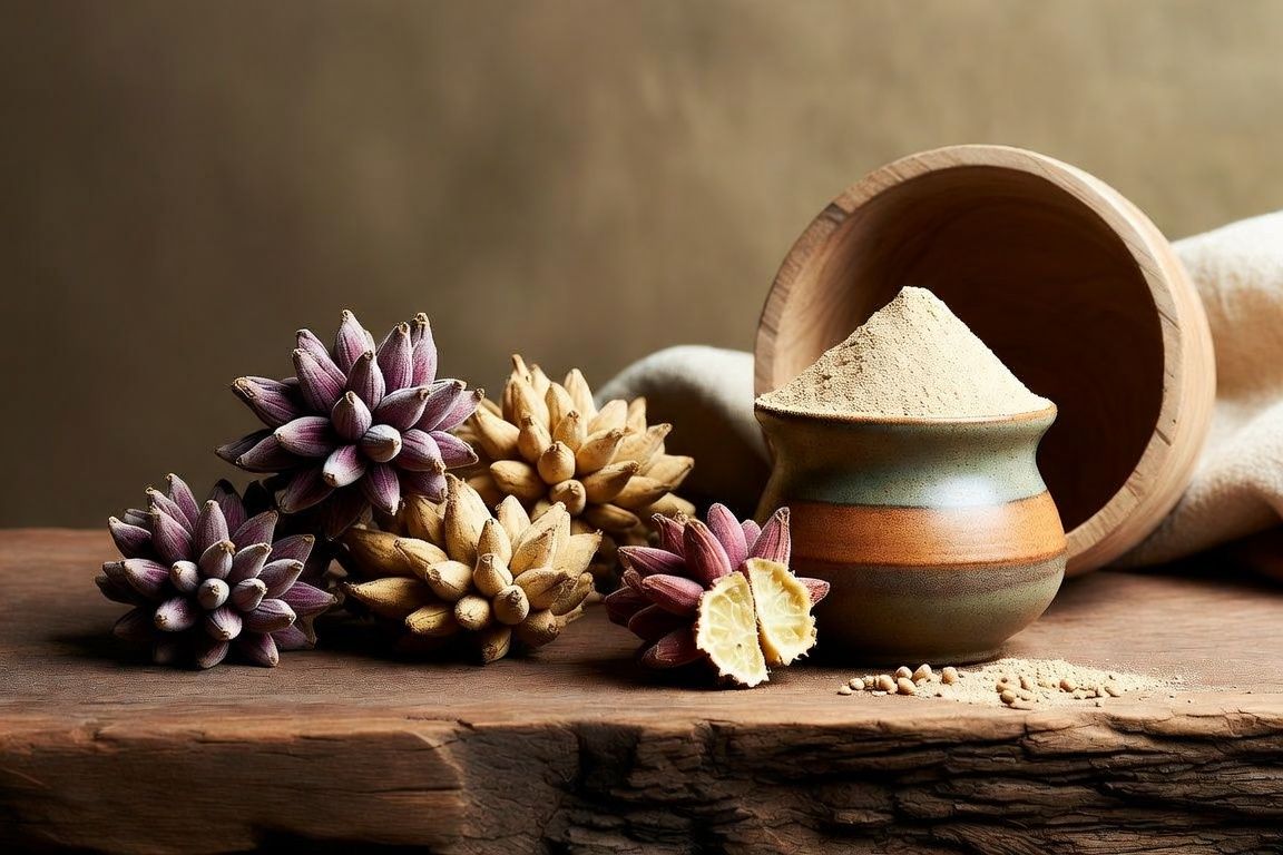 Poudre et racine de maca des Andes sur une table en bois