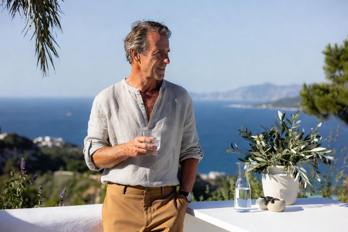 Homme de 55 ans serein sur sa terrasse méditerranéenne avec un verre d'eau évoquant le jet urinaire faible chez l'homme