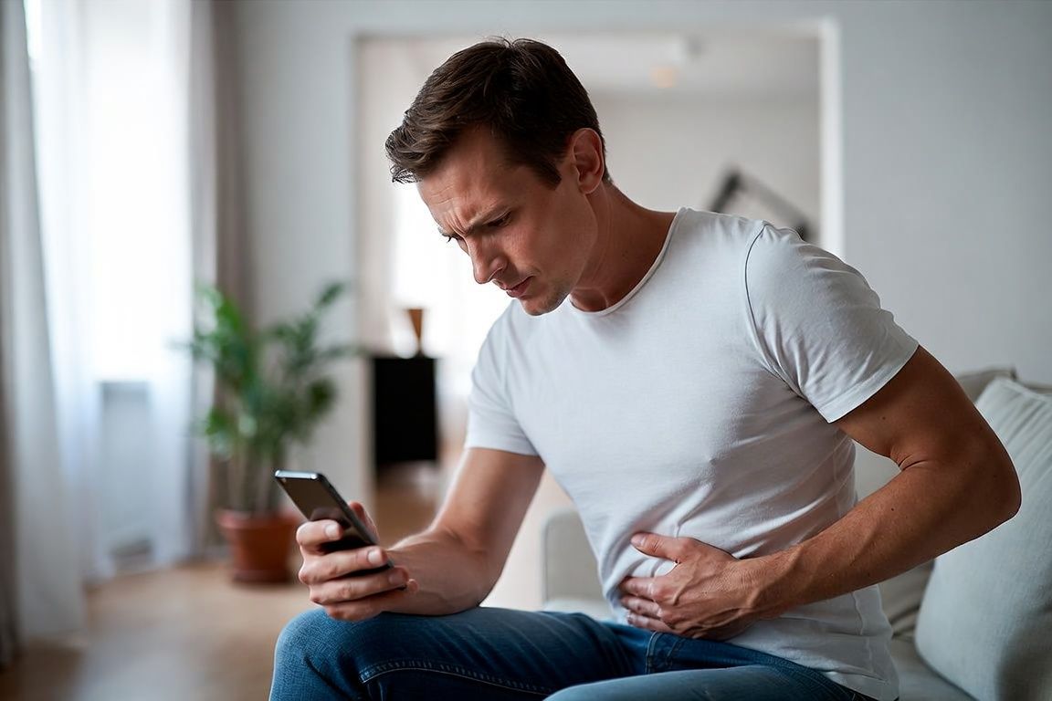 Homme de 30 ans inquiet assis sur un canapé, se demandant quand consulter pour une douleur au testicule Homme de 30 ans inquiet assis sur un canapé, se demandant quand consulter pour une douleur au testicule