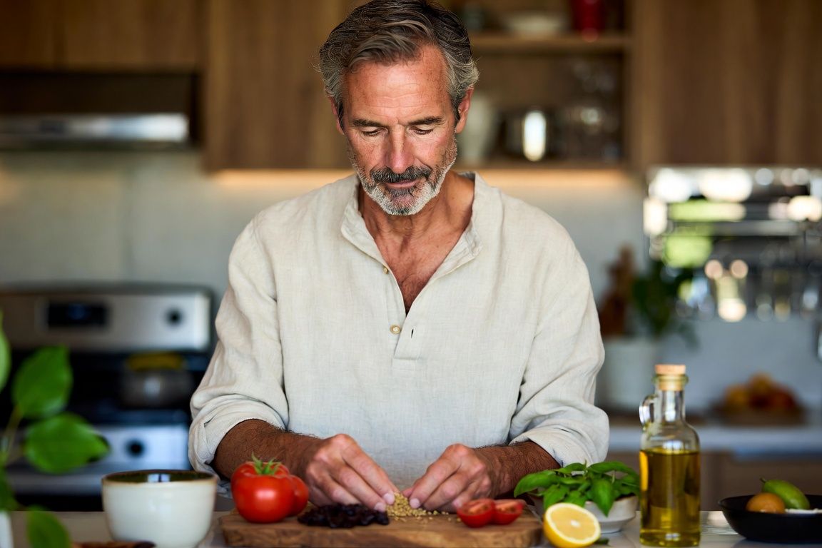 Homme de 55 ans préparant des aliments sains pour la prostate dans sa cuisine méditerranéenne évoquant le soin naturel