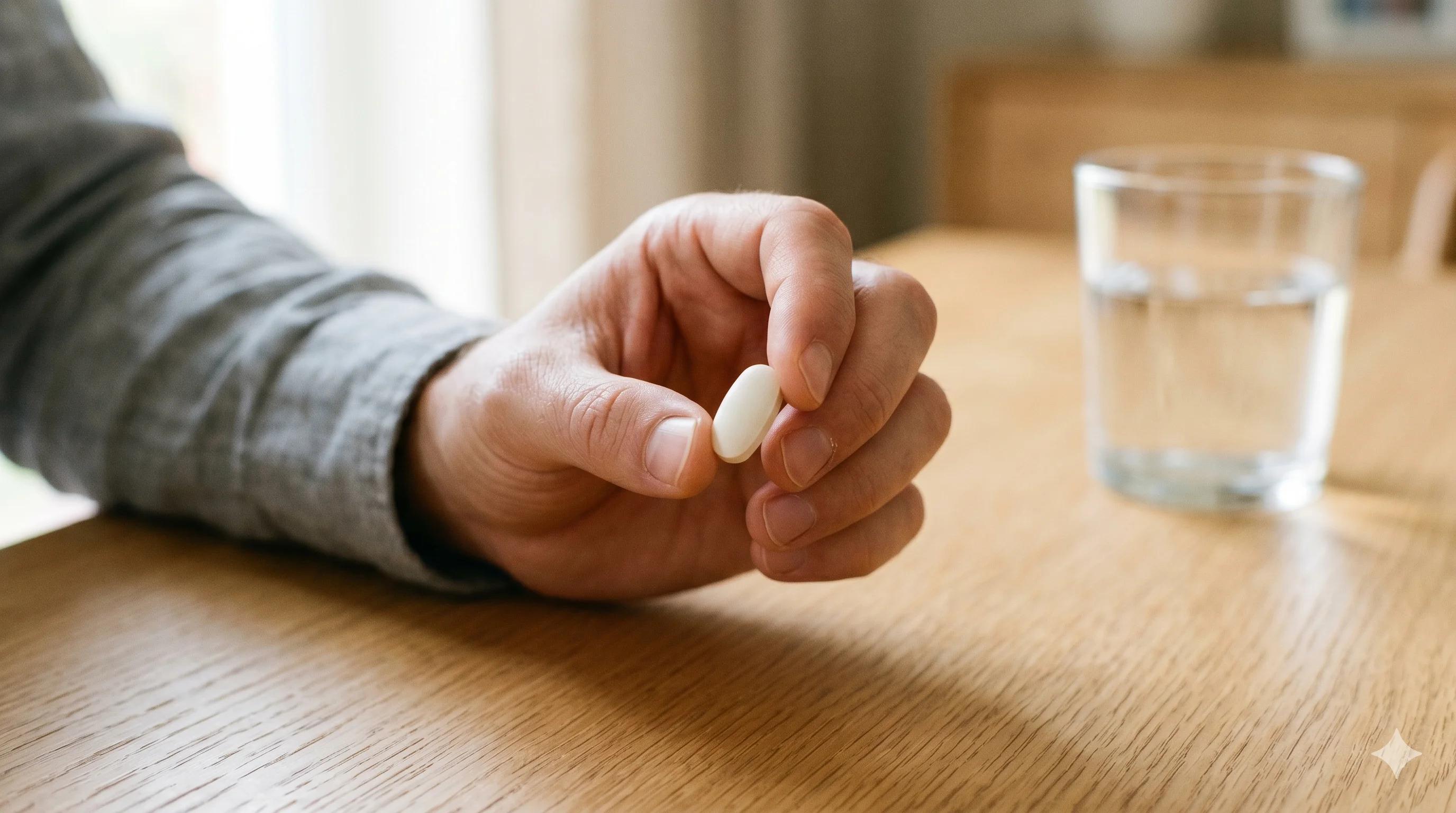 Main d'homme tenant un comprimé blanc évoquant la sertraline et son impact sur l'éjaculation et la santé sexuelle