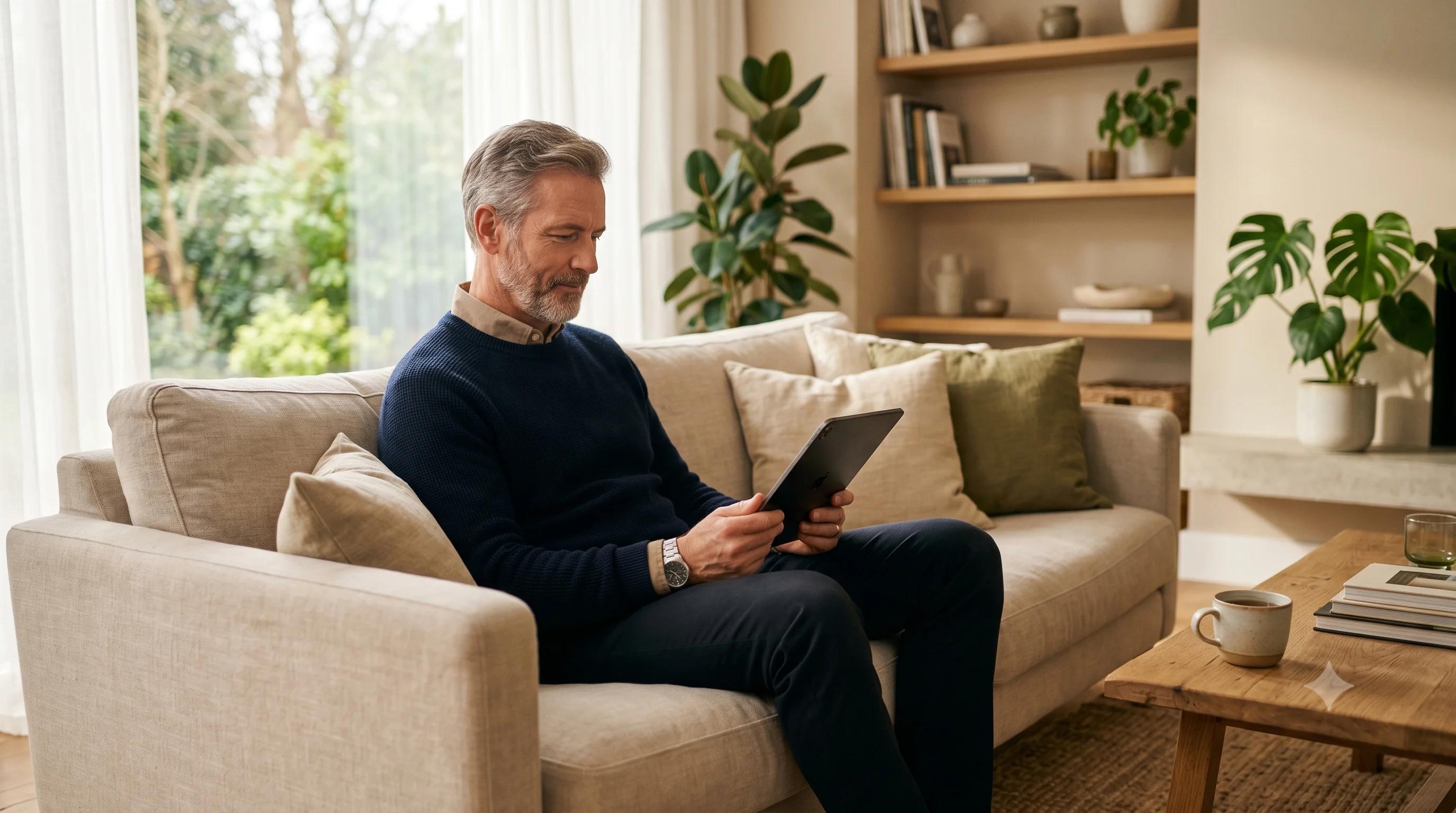 Homme apaisé consultant sa tablette pour comprendre pourquoi son traitement Viagra ne marche plus