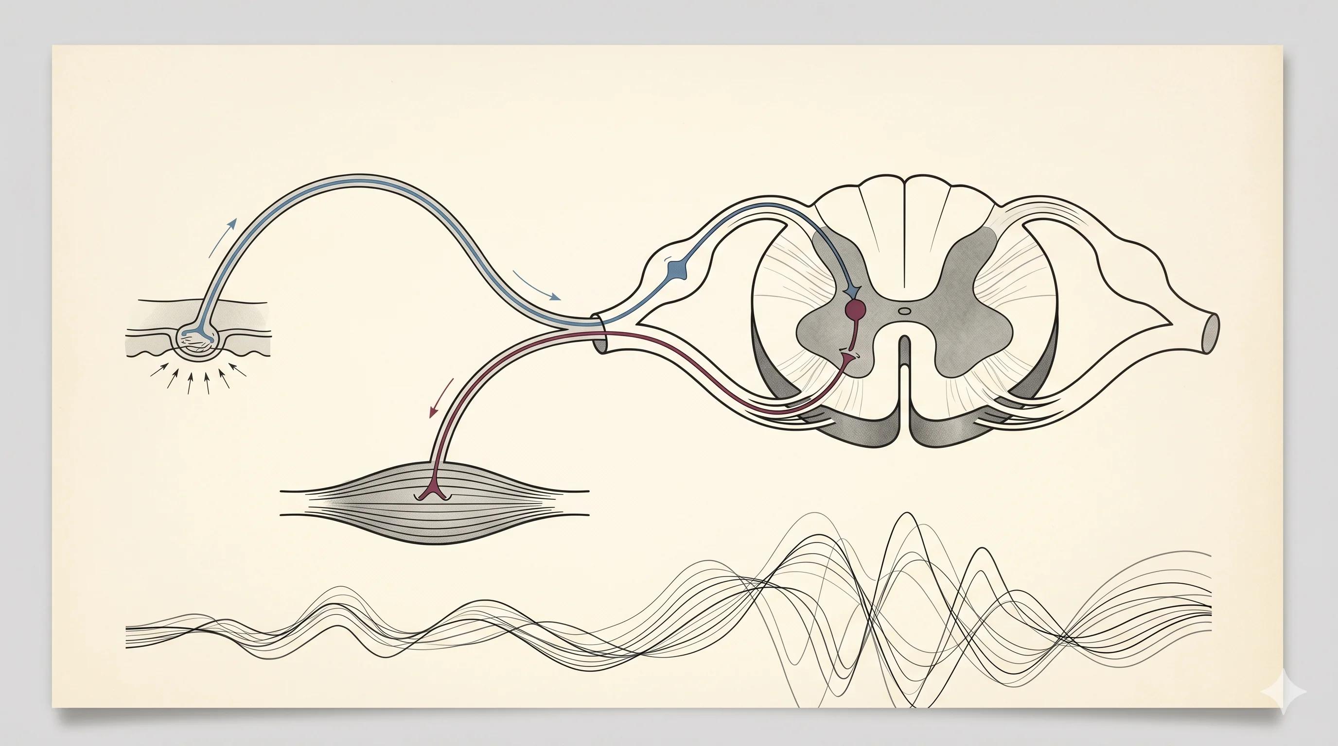 Schéma stylisé d'arc réflexe nerveux illustrant la mécanique neurophysiologique du réflexe éjaculatoire spinal