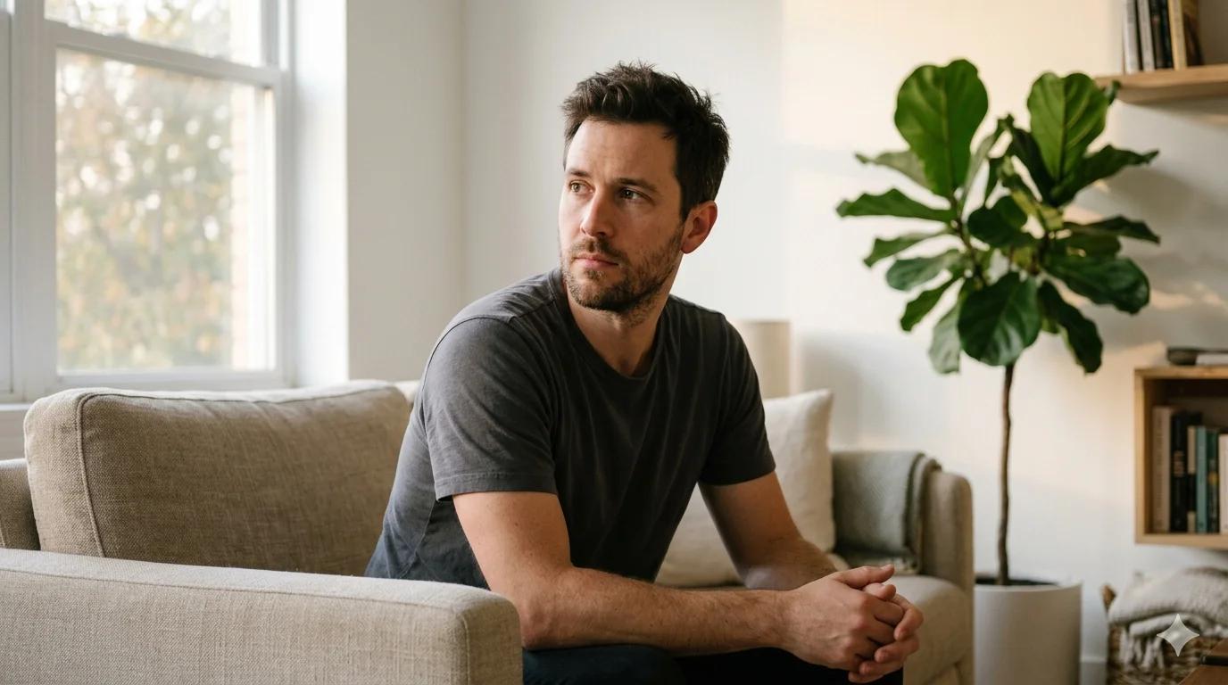 Homme pensif réfléchissant aux effets de la cocaïne sur son érection et sa santé